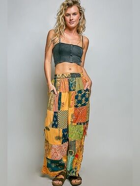 🧡 Hello Gorgeous!POL Printed Patchwork Wide Leg Pants Adjustable Side Drawstring